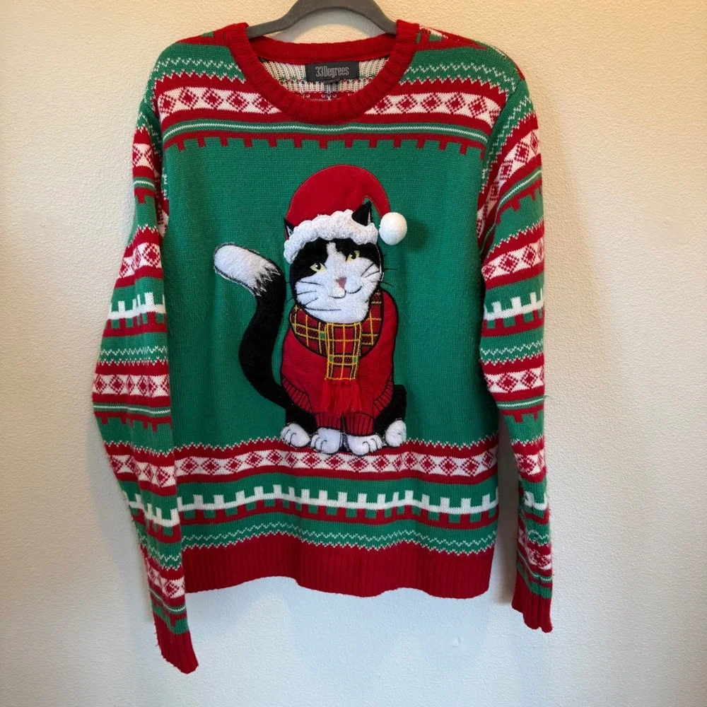 Ugly Christmas Sweater Santa Clause Cat Santa 3D Tartan Scarf Green Red Size L‎